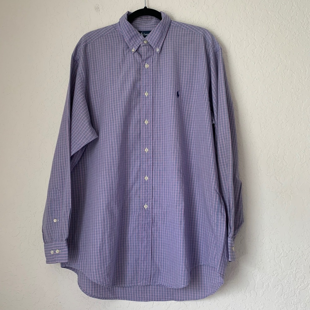 Ralph Lauren Yarmouth Shirt Mens 16.5 34/35 Blue Pink Plaid Cotton Old Money